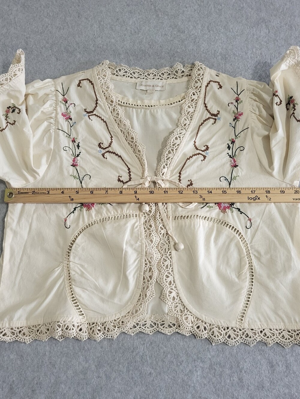 Jennifer & Grace Top Sz M Cream Cross Stitch Embroidery Lace Trim Tie Front Boho - Picture 9 of 16